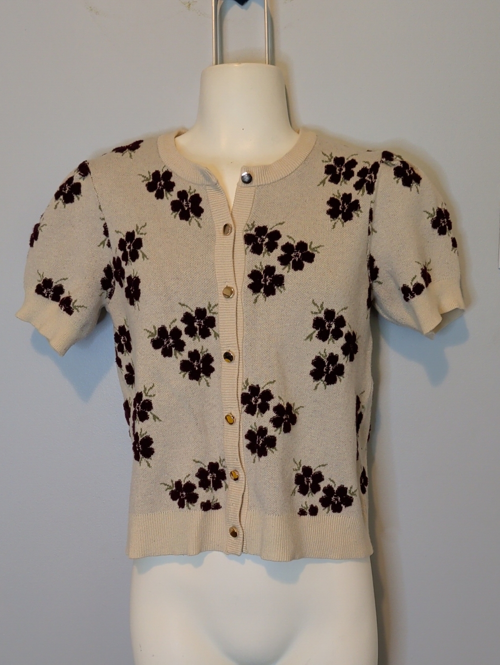 Cream Floral Short-Sleeve Button-Up Sweater Cardigan